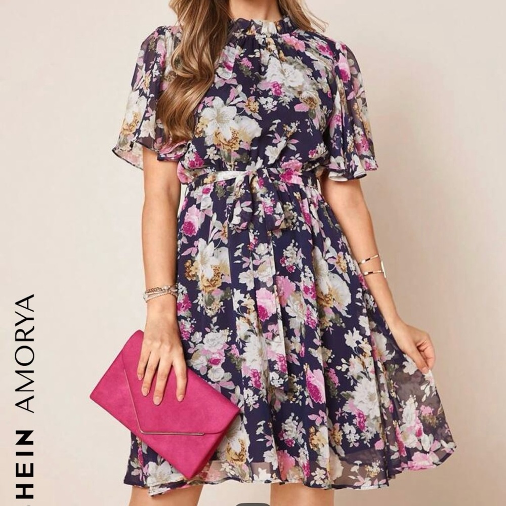 Short Sleeved Belted Floral Dress